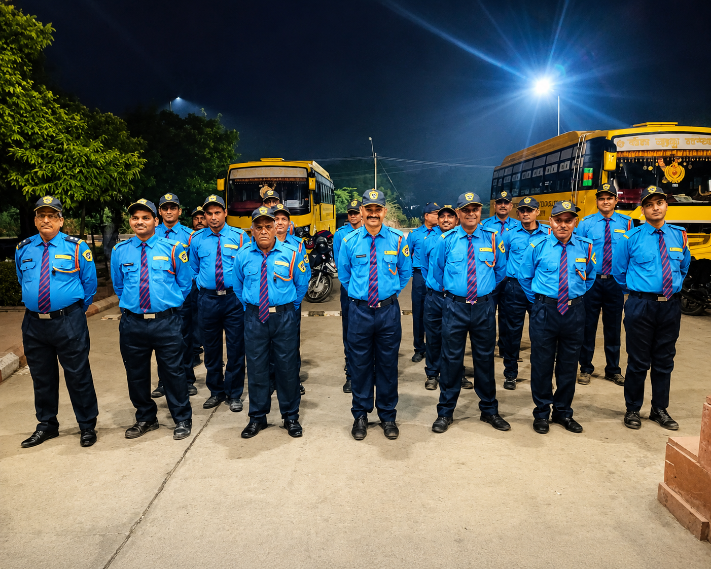 Prayag Securities Service team standing on duty beside company buses at night